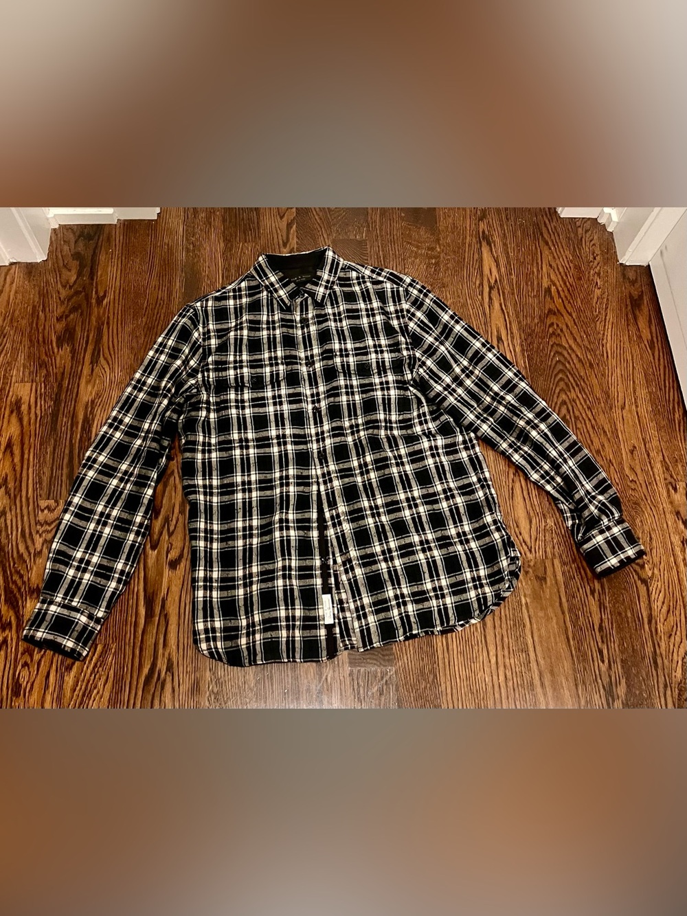 Rag & Bone Menβs Flannel Plaid Wool Button Down Shirt Large L Black White Red